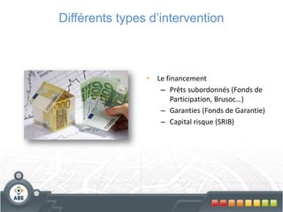 Différents types d’intervention



                • Le financement
                   – Prêts subordonnés (Fonds de
                       Participation, Brusoc…)
                   – Garanties (Fonds de Garantie)
                   – Capital risque (SRIB)
 
