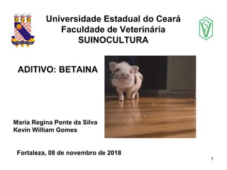 ADITIVO: BETAINA
Maria Regina Ponte da Silva
Kevin William Gomes
Fortaleza, 08 de novembro de 2018
Universidade Estadual do Ceará
Faculdade de Veterinária
SUINOCULTURA
1
 