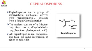 Cephalosporins are a group of
semisynthetic antibiotics derived
from ‘cephalosporin-C’ obtained
from a fungus Cephalosporium
The nucleus consists of a β-lactam
ring fused to a dihydrothiazine
ring,(7-aminocephalosporanic acid)
All cephalosporins are bactericidal
and have the same mechanism of
action as penicillin
16
CEPHALOSPORINS
 