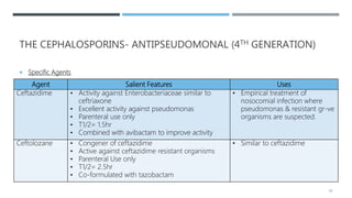 THE CEPHALOSPORINS- ANTIPSEUDOMONAL (4TH GENERATION)
 Specific Agents
40
Agent Salient Features Uses
Ceftazidime • Activity against Enterobacteriaceae similar to
ceftriaxone
• Excellent activity against pseudomonas
• Parenteral use only
• T1/2= 1.5hr
• Combined with avibactam to improve activity
• Empirical treatment of
nosocomial infection where
pseudomonas & resistant gr-ve
organisms are suspected.
Ceftolozane • Congener of ceftazidime
• Active against ceftazidime resistant organisms
• Parenteral Use only
• T1/2= 2.5hr
• Co-formulated with tazobactam
• Similar to ceftazidime
 