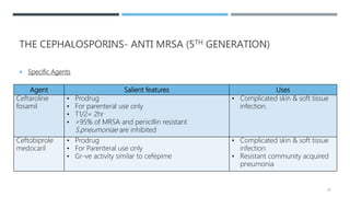 THE CEPHALOSPORINS- ANTI MRSA (5TH GENERATION)
 Specific Agents
43
Agent Salient features Uses
Ceftaroline
fosamil
• Prodrug
• For parenteral use only
• T1/2= 2hr
• >95% of MRSA and penicillin resistant
S.pneumoniae are inhibited
• Complicated skin & soft tissue
infection.
Ceftobiprole
medocaril
• Prodrug
• For Parenteral use only
• Gr-ve activity similar to cefepime
• Complicated skin & soft tissue
infection.
• Resistant community acquired
pneumonia
 
