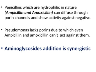 • Penicillins which are hydrophilic in nature
(Ampicillin and Amoxicillin) can diffuse through
porin channels and show activity against negative.
• Pseudomonas lacks porins due to which even
Ampicillin and amoxicillin can’t act against them.
• Aminoglycosides addition is synergistic
 