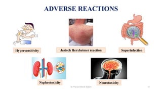 ADVERSE REACTIONS
Hypersensitivity Jarisch Herxheimer reaction Superinfection
Nephrotoxicity Neurotoxicity
Dr. Prerana Manik Kadam 22
 