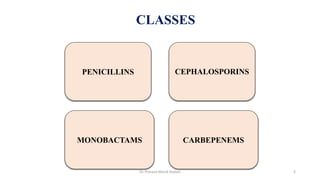 CLASSES
PENICILLINS
CARBEPENEMS
MONOBACTAMS
CEPHALOSPORINS
Dr. Prerana Manik Kadam 3
 