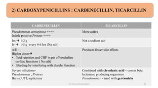 2) CARBOXYPENICILLINS : CARBENECILLIN, TICARCILLIN
CARBENECILLIN TICARCILLIN
Pseudomonas aeruginosa ++++
Indole positive Proteus ++++
More active
Im  1-2 g
Iv  1-5 g every 4-6 hrs (Na salt)
Not a sodium salt
A/E –
Higher doses
• fluid retention and CHF in pts of borderline
cardiac functions ( Na salt)
• Bleeding by interfering with platelet function
Produces fewer side effects
Severe infections-
Pseudomonas , Proteus
Burns, UTI, septicimia
Combined with clavulanic acid – covers beta
lactamase producing organisms
Pseudomonas - used with gentamicin
Dr. Prerana Manik Kadam 34
 
