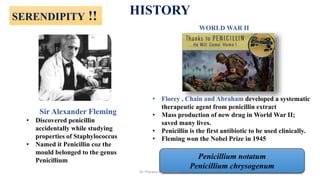 HISTORY
Sir Alexander Fleming
• Discovered penicillin
accidentally while studying
properties of Staphylococcus
• Named it Penicillin coz the
mould belonged to the genus
Penicillium
• Florey , Chain and Abraham developed a systematic
therapeutic agent from penicillin extract
• Mass production of new drug in World War II;
saved many lives.
• Penicillin is the first antibiotic to be used clinically.
• Fleming won the Nobel Prize in 1945
WORLD WAR II
Penicillium notatum
Penicillium chrysogenum
SERENDIPITY !!
Dr. Prerana Manik Kadam 5
 