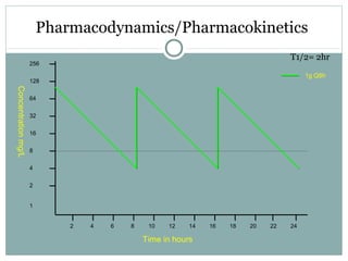 Pharmacodynamics/Pharmacokinetics
2
1
4
8
16
32
64
128
256
2 4 6 8 10 12 14 16 18 20 22 24
Time in hours
Concentrationmg/L...