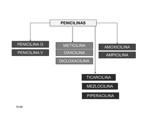 PENICILINAS
PENICILINA G METICILINA
PENICILINA V OXACILINA
AMPICILINA
AMOXICILINA
DICLOXACILINA
TICARCILINA
MEZLOCILINA
PIPERACILINA
15:46
 