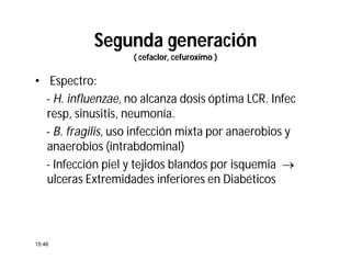 Segunda generación
( cefaclor, cefuroximo )
• Espectro:
- H. influenzae, no alcanza dosis óptima LCR. Infec
resp, sinusitis, neumonía.
- B. fragilis, uso infección mixta por anaerobios y
anaerobios (intrabdominal)
- Infección piel y tejidos blandos por isquemia 
ulceras Extremidades inferiores en Diabéticos
15:46
 