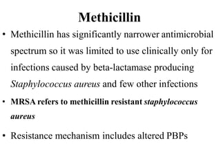 Methicillin
• Methicillin has significantly narrower antimicrobial
spectrum so it was limited to use clinically only for
infections caused by beta-lactamase producing
Staphylococcus aureus and few other infections
• MRSA refers to methicillin resistant staphylococcus
aureus
• Resistance mechanism includes altered PBPs
 
