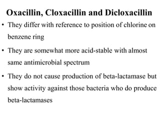 Oxacillin, Cloxacillin and Dicloxacillin
• They differ with reference to position of chlorine on
benzene ring
• They are somewhat more acid-stable with almost
same antimicrobial spectrum
• They do not cause production of beta-lactamase but
show activity against those bacteria who do produce
beta-lactamases
 
