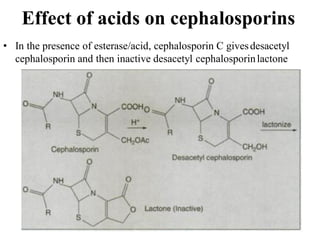 Effect of acids on cephalosporins
• In the presence of esterase/acid, cephalosporin C givesdesacetyl
cephalosporin and then inactive desacetyl cephalosporinlactone
 