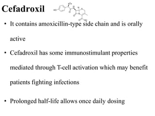 Cefadroxil
• It contains amoxicillin-type side chain and is orally
active
• Cefadroxil has some immunostimulant properties
mediated through T-cell activation which may benefit
patients fighting infections
• Prolonged half-life allows once daily dosing
 