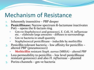 Mechanism of Resistance
1. Inherently insensitive – PBP deeper
2. Penicillinase: Narrow spectrum ß-lactamase inactivates
PnG – opens the ß-lactam ring
• Gm+ve Staphylococci and gonococci, E. Coli, H. influenzae
etc. – elaborate large amounts – diffuses to surroundings
• Gm-ve bacteria in small quantity
• Staphylococcal penicillinase – inducible by methicillin
3. Penicillin tolerant bacteria – low affinity for penicillin –
altered PBP (pneumococci)
• Methicillin resistant Staph. aureus (MRSA) – altered PBP
4. Less permeability to penicillin – low level penicillinase
resistant gonococci and also H. influenzae – plasmid
5. Porins channels – gm-ve bacteria
 
