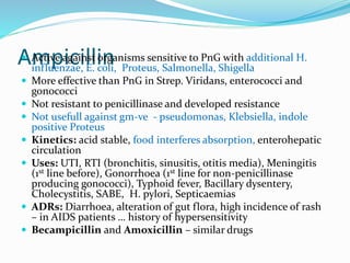 Ampicillin Active against organisms sensitive to PnG with additional H.
influenzae, E. coli, Proteus, Salmonella, Shigella
 More effective than PnG in Strep. Viridans, enterococci and
gonococci
 Not resistant to penicillinase and developed resistance
 Not usefull against gm-ve - pseudomonas, Klebsiella, indole
positive Proteus
 Kinetics: acid stable, food interferes absorption, enterohepatic
circulation
 Uses: UTI, RTI (bronchitis, sinusitis, otitis media), Meningitis
(1st line before), Gonorrhoea (1st line for non-penicillinase
producing gonococci), Typhoid fever, Bacillary dysentery,
Cholecystitis, SABE, H. pylori, Septicaemias
 ADRs: Diarrhoea, alteration of gut flora, high incidence of rash
– in AIDS patients … history of hypersensitivity
 Becampicillin and Amoxicillin – similar drugs
 