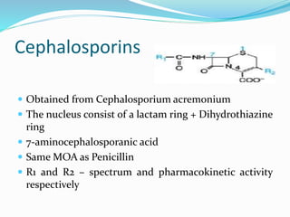 Cephalosporins
 Obtained from Cephalosporium acremonium
 The nucleus consist of a lactam ring + Dihydrothiazine
ring
 7-aminocephalosporanic acid
 Same MOA as Penicillin
 R1 and R2 – spectrum and pharmacokinetic activity
respectively
 
