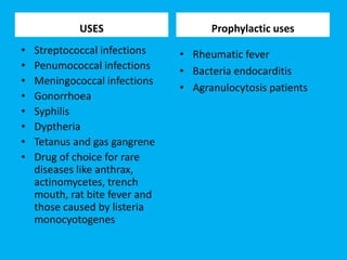 USES
• Streptococcal infections
• Penumococcal infections
• Meningococcal infections
• Gonorrhoea
• Syphilis
• Dyptheria
• Tetanus and gas gangrene
• Drug of choice for rare
diseases like anthrax,
actinomycetes, trench
mouth, rat bite fever and
those caused by listeria
monocyotogenes
Prophylactic uses
• Rheumatic fever
• Bacteria endocarditis
• Agranulocytosis patients
 