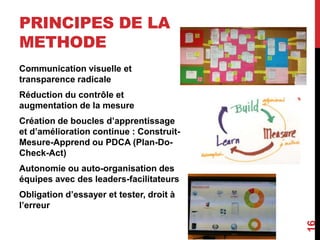 PRINCIPES DE LA
METHODE
Communication visuelle et
transparence radicale
Réduction du contrôle et
augmentation de la mesure
Création de boucles d’apprentissage
et d’amélioration continue : Construit-
Mesure-Apprend ou PDCA (Plan-Do-
Check-Act)
Autonomie ou auto-organisation des
équipes avec des leaders-facilitateurs
Obligation d’essayer et tester, droit à
l’erreur
16
 