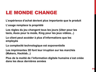 LE MONDE CHANGE
L’expérience d’achat devient plus importante que le produit
L’usage remplace la propriété
Les règles du jeu changent tous les jours (Uber pour les
taxis, Asos pour la mode, King pour les jeux vidéos...)
Le client peut accéder à plus d’informations que les
employés
La complexité technologique est exponentielle
Les imprimantes 3D font leur irruption sur les marchés
(Makers, Hacklab...)
Plus de la moitié de l’information digitale humaine s’est créée
dans les deux dernières années
2
 