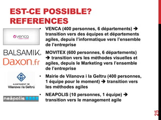 EST-CE POSSIBLE?
REFERENCES
• VENCA (400 personnes, 6 départements) 
transition vers des équipes et départements
agiles, depuis l’informatique vers l’ensemble
de l’entreprise
• MOVITEX (600 personnes, 6 départements)
 transition vers les méthodes visuelles et
agiles, depuis le Marketing vers l’ensemble
de l’entreprise
• Mairie de Vilanova i la Geltru (400 personnes,
1 équipe pour le moment)  transition vers
les méthodes agiles
• NEAPOLIS (10 personnes, 1 équipe) 
transition vers le management agile
25
 