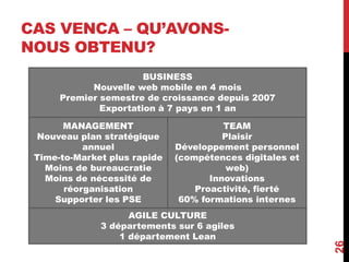CAS VENCA – QU’AVONS-
NOUS OBTENU?
26
BUSINESS
Nouvelle web mobile en 4 mois
Premier semestre de croissance depuis 2007
Exportation à 7 pays en 1 an
MANAGEMENT
Nouveau plan stratégique
annuel
Time-to-Market plus rapide
Moins de bureaucratie
Moins de nécessité de
réorganisation
Supporter les PSE
TEAM
Plaisir
Développement personnel
(compétences digitales et
web)
Innovations
Proactivité, fierté
60% formations internes
AGILE CULTURE
3 départements sur 6 agiles
1 département Lean
 