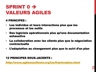 SPRINT 0 
VALEURS AGILES
4 PRINCIPES :
• Les individus et leurs interactions plus que les
processus et les outils
• Des logiciels opérationnels plus qu’une documentation
exhaustive
• La collaboration avec les clients plus que la négociation
contractuelle
• L’adaptation au changement plus que le suivi d’un plan
12 PRINCIPES SOUS-JACENTS :
http://www.agilemanifesto.org/iso/fr/principles.html
12
 