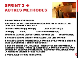 SPRINT 3 
AUTRES METHODES
1- RETROUVER SON GROUPE
2- ECRIRE LES PROJETS SUIVANTS SUR POST-IT ET LES COLLER
DANS LA COLONNE « PROJET »
DESIGN THINKING (L) MVP (S) LEAN STARTUP (L)
CCPM (S) 5S (S) CARTE D’EMPATHIE (S)
BUSINESS CANVAS (S) CUSTOMER JOURNEY (S) INCEPTION (S)
3- CHAQUE EQUIPE CHOISIT UNE TACHE L ET UNE TACHE S
4- CHAQUE EQUIPE POSITIONNE LA TACHE L ET LA TACHE S CHOISIE
DANS LA COLONNE « SPRINT EN COURS »
5- BUT DU SPRINT OU LIVRABLES : PRESENTER EN 5 MINUTES LA
METHODE CHOISIE (TACHE L), AINSI QUE LA TACHE S CHOISIE, PUIS
DONNER UN EXEMPLE D’ACTIVITE OU DE PROJET UTILISABLE AVEC
LA METHODE CHOISIE ET LES RAISONS
6- VOUS AVEZ 1H30 DE RECHERCHE
26
 