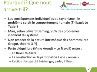 N°
Pourquoi? Que nous
arrive-t-il?
• Les conséquences individuelles du taylorisme : le
problème serait le comportement humain (Thibault Le
Texier)
• Mais, selon Edward Deming, 95% des problèmes
viennent du système
• Non respect de la nature intrinsèque des hommes (Mc
Gregor, théorie X-Y)
• Perte d’équilibre (Mme Arendt – Le Travail) entre :
– Le travail routinier
– La construction ou la participation à une « œuvre »
– L’action : la capacité à échanger, parler, influer
 