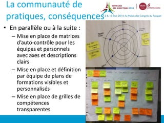 La communauté de
pratiques, conséquences
• En parallèle ou à la suite :
– Mise en place de matrices
d’auto-contrôle pour les
équipes et personnels
avec axes et descriptions
clairs
– Mise en place et définition
par équipe de plans de
formations visibles et
personnalisés
– Mise en place de grilles de
compétences
transparentes
N°
 