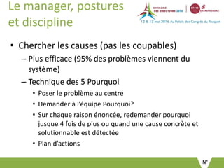 N°
Le manager, postures
et discipline
• Chercher les causes (pas les coupables)
– Plus efficace (95% des problèmes viennent du
système)
– Technique des 5 Pourquoi
• Poser le problème au centre
• Demander à l’équipe Pourquoi?
• Sur chaque raison énoncée, redemander pourquoi
jusque 4 fois de plus ou quand une cause concrète et
solutionnable est détectée
• Plan d’actions
 
