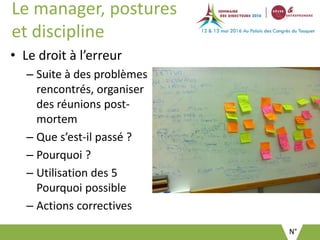 N°
Le manager, postures
et discipline
• Le droit à l’erreur
– Suite à des problèmes
rencontrés, organiser
des réunions post-
mortem
– Que s’est-il passé ?
– Pourquoi ?
– Utilisation des 5
Pourquoi possible
– Actions correctives
 