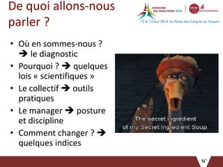 De quoi allons-nous
parler ?
• Où en sommes-nous ?
 le diagnostic
• Pourquoi ?  quelques
lois « scientifiques »
• Le collectif  outils
pratiques
• Le manager  posture
et discipline
• Comment changer ? 
quelques indices
N°
 