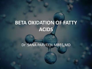 BETA OXIDATION OF FATTY
ACIDS
Dr SANA PARVEEN MBBS,MD
 