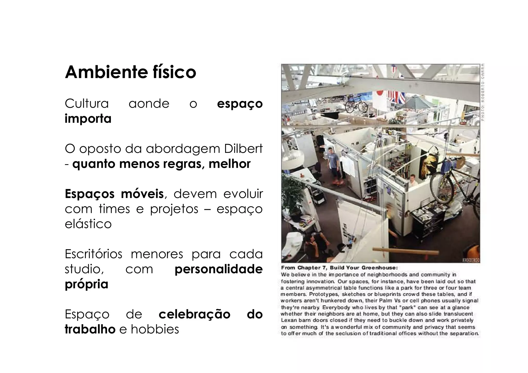 Ambiente físico
Cultura   aonde    o   espaço
importa

O oposto da abordagem Dilbert
- quanto menos regras, melhor

Espaços móveis, devem evoluir
com times e projetos – espaço
elástico

Escritórios menores para cada
studio,    com    personalidade
própria

Espaço de celebração        do
trabalho e hobbies
 