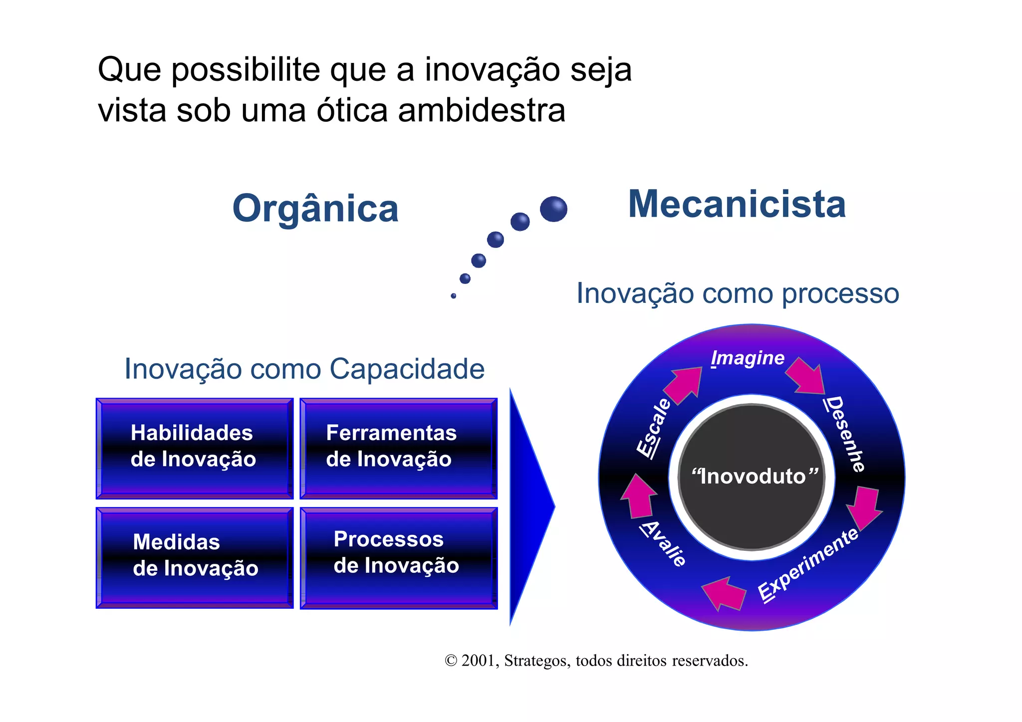 Que possibilite que a inovação seja
vista sob uma ótica ambidestra

          Orgânica                                  Mecanicista

                                            Inovação como processo

                                                                Imagine
 Inovação como Capacidade

  Habilidades   Ferramentas
  de Inovação   de Inovação
                                                             “Inovoduto”


  Medidas       Processos
  de Inovação   de Inovação



                         © 2001, Strategos, todos direitos reservados.
 