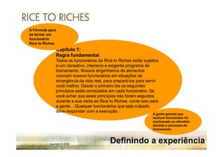 A Fórmula para
     se tornar um
     funcionário
     Rice to Riches
                          Capítulo 1:
                          Regra fundamental
                          Todos os funcionários da Rice to Riches estão sujeitos
                          a um cansativo, intensivo e exigente programa de
                          treinamento. Nossos engenheiros de alimentos
                          colocam nossos funcionários em situações de
                          emergência da vida real, para prepará-los para servir
                                                         prepará-
                          você melhor. Desde o primeiro dia os seguintes
                          princípios estão enraizados em cada funcionário. Se
                          você achar que estes princípios não foram seguidos
                          durante a sua visita ao Rice to Riches, conte isso para
                                                          Riches,
                          a gente... Qualquer funcionários que seja culpado
                          deve responder com a execução.
                                                                              A gente garante que
                                                                              nenhum funcionário foi
                                                                              machucado ou ofendido
                                                                              durante o processo de
                                                                              treinamento.



Fabio Tadashi Suzaki copyright © 2008
                                                       Definindo a experiência
 