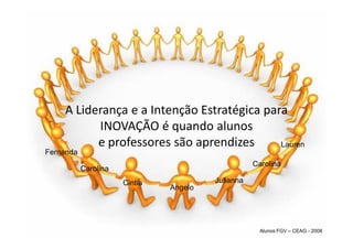 A Liderança e a Intenção Estratégica para
          INOVAÇÃO é quando alunos
          e professores são aprendizes      Lauren
Fernanda
                                                   Carolina
           Carolina
                      Cintia            Julianna
                               Angelo




                                                    Alunos FGV – CEAG - 2008
 