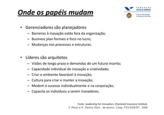 Onde os papéis mudam
• Gerenciadores são planejadores
   – Barreiras à inovação estão fora da organização;
   – Business plan formais e foco no lucro;
   – Mudanças nos processos e estruturas.


• Líderes são arquitetos
   –   Visões de longo prazo e demandas de um futuro incerto;
   –   Capacidade individual de inovação e criatividade;
   –   Criar o ambiente favorável à inovação;
   –   Cultura para criar e manter a inovação;
   –   Medem o sucesso individualmente e na corporação;
   –   Capacita os indivíduos a serem inovadores.


                                     Fonte: Leadership for innovation, Chartered Insurance Institute
                             F. Risso e K. Santos /Sem. de alunos, Ceag, FGV-EAESP , 2009
 