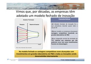 Vimos que, por décadas, as empresas têm
adotado um modelo fechado de inovação
                                                    Características

                                           O Modelo fechado de inovação foi o
                                         que prevaleceu durante quase todo o
                                         século XX

                                           Nesse modelo, as empresas alcançavam
                                         vantagens competitivas investindo em
                                         grandes laboratórios de P&D

                                            Essa integração vertical da atividade de
                                         P&D indicava que empresas que não
                                         poderiam arcar com esses investimentos
                                         ficariam em desvantagem




   No modelo fechado as vantagens competitivas eram alcançadas com
investimentos em grandes laboratórios de P&D e todas as inovações sendo
                     desenvolvidas internamente
                                                        Fonte: Instituto Inovação
 