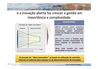 e a inovação aberta faz crescer a gestão em
        importância e complexidade
                                                   Características

                                            Nesse conceito, outras companhia
                                         capazes de internalizar as inovações
                                         desenvolvidas, podem patenteá-las,
                                         criando uma situação em que todos saem
                                         ganhando

                                           Da mesma forma, a empresa pode
                                         patentear inovações desenvolvidas por
                                         outras empresas ou laboratórios de
                                         pesquisas

                                           Esse novo conceito cria           novas
                                         oportunidades e novos desafios



  O conceito de “ Open Innovation” se baseia na utilização de caminhos
 internos ou externos para avançar no de desenvolvimento de inovações

                                                       Fonte: Instituto Inovação
 
