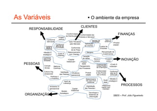 As Variáveis                                                                   O ambiente da empresa
                                                                   CLIENTES
     RESPONSABILIDADE
                                          <Conformidade
                                          da Distribuição>
                                                            <Conformidade dos                                    FINANÇAS
                                 Imagem                    Produtos e Serviços>
                   Conformid      pública                                                     Valor Ec
                                                                             Vendas da
                   ade social                  Valor Percebido                Empresa         onômico
                                                                                                        <Produti
                                                pelo Mercado        Satisfação
                              Conformid                                                                 vidade>
                 Conform      ade da Co                            de Clientes         Custos da
                  idade A     municação           Conformida
                 mbiental                                                               Empresa
                                                  de do Preço
             <Modelo E                       Relacionamento             Margens           Recuperação de
                                Custo A        com Clientes                                investimentos
             stratégico>
                                mbiental
                                                                 Geração
             Conhecim                                            de Idéias
             ento e Ha
              bilidades
                                             <Capital                           Novos p
                                                                                rodutos
                                                                                               Investim
                                                                                                entos
                                                                                                                   INOVAÇÃO
                                           Intelectual>        Flexibil
   PESSOAS     Compet
                                                               idade               Conformidad       <Custo A
                           Melhoria                         Planejamento           e dos Produt     mbiental>
               ências                                                              os e Serviços
                           Contínua                         dos Processos

              Cultura Org                                                           Conformidad     Conformid
                                     Satisfação                      Produti        e dos Proces
                                                      Eficiência                                    ade da Di
              anizacional           das Pessoas                                      sos Críticos
                                                     operacional     vidade                         stribuição
                      Políticas d
                      e Incentivo                                    Relacioname                   <Modelo E
                                                                     nto com Forn            Quali
                                         Perfil da                                                 stratégico>
                                                                       ecedores              dade
                                        Liderança

                     Ambiente Or                                     <Satisfação           <Relaciona              PROCESSOS
                                                                                           mento com
                     ganizacional                      Capital      das Pessoas>            Clientes>
                                     Modelo          Intelectual
                                    Estratégico                          Tecnologia e
   ORGANIZAÇÃO                                                           Sistemas de
                                                                                                        SBDS – Prof. Júlio Figueiredo
                                                                          informação
 