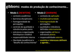 gibbons: modos de produção de conhecimento…
 • Modo 1 [NEWTON]         • Modo 2 [DARWIN]
   – contexto acadêmico           – contexto da aplicação
   – barreiras disciplinares      – multidisciplinaridade
   – homogeneidade de             – heterogeneidade de
     percepções                     percepções
   – controle de qualidade e      – qualidade e relevância
     relevância pelos pares         definidos externamente
   – estrutura e organização      – organizações ad-hoc e
     hierárquica e estática         estruturas planas
   – responsabilidade interna     – responsabilidade externa
   – liberdade (acadêmica) e      – usuários e interesses definem
     “desafio do conhecimento”      a agenda...


                            http://www.intermedia.uio.no/konferanser/skikt-02/skikt-research-conferance.html
 