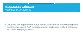  Causada por ingestión de frutas verdes, contiene la toxina Hipo glicina
que inactiva la Acil-CoA deshidrogenasa inhibiendo así la B- oxidación
y causando Hipoglucamia.
RELACIONES CLÍNICAS
VOMITO JAMAIQUINO
 