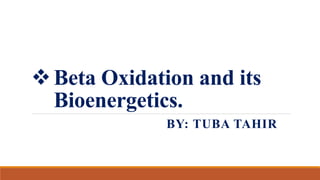 Beta Oxidation and its
Bioenergetics.
BY: TUBA TAHIR
 