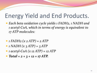 Energy Yield and End Products.
 Each beta oxidation cycle yields 1 FADH2, 1 NADH and
1 acetyl-CoA, which in terms of energy is equivalent to
17 ATP molecules:
 1 FADH2 (x 2 ATP) = 2 ATP
 1 NADH (x 3 ATP) = 3 ATP
 1 acetyl-CoA (x 12 ATP) = 12 ATP
 Total = 2 + 3 + 12 = 17 ATP.
10
 