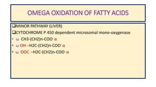 OMEGA OXIDATION OF FATTY ACIDS
MINOR PATHWAY (LIVER)
CYTOCHROME P 450 dependent microsomal mono-oxygenase
• ω CH3-(CH2)n-COO-
α
• ω OH –H2C-(CH2)n-COO- α
• ω -OOC –H2C-(CH2)n-COO- α
 
