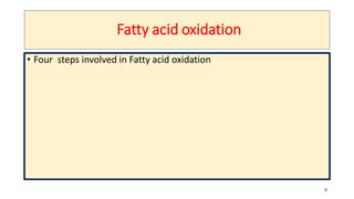 Fatty acid oxidation
• Four steps involved in Fatty acid oxidation
9
 