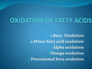 1.Beta- Oxidation
2.Minor fatty acid oxidation
Alpha oxidation
Omega oxidation
Peroxisomal beta oxidation
 