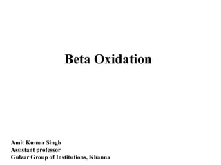 Beta Oxidation
Amit Kumar Singh
Assistant professor
Gulzar Group of Institutions, Khanna
 