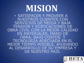 MISIONSATISFACER Y PROVEER A NUESTROS CLIENTES CON SERVICIOS DE MEDIA Y BAJA TENSION Y EDIFICACIONES DE OBRA CIVIL CON LA MEJOR CALIDAD EN MATERIALES, MANO DE OBRA, BAJO COSTOS  Y TECNOLOGIA ADECUADA EN EL MEJOR TIEMPO POSIBLE, AYUDANDO AL DESARROLLO DE SU EMPRESA Y DE NUESTRO PAIS.